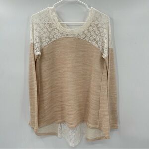 Oatmeal Pullover Lightweight Sweater with Lace Detail